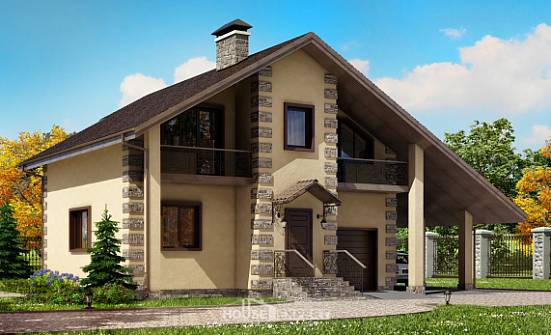 150-003-П Проект двухэтажного дома мансардой, гараж, небольшой загородный дом из теплоблока Поронайск | Проекты домов от House Expert