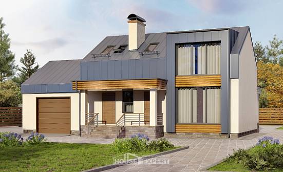 150-015-П Проект двухэтажного дома с мансардой и гаражом, классический коттедж из твинблока Холмск | Проекты домов от House Expert