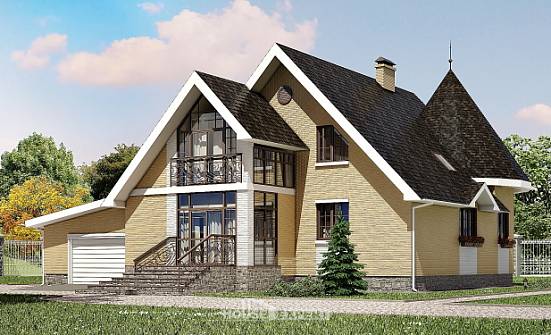 250-001-Л Проект двухэтажного дома с мансардным этажом, гараж, классический загородный дом из блока Оха | Проекты домов от House Expert