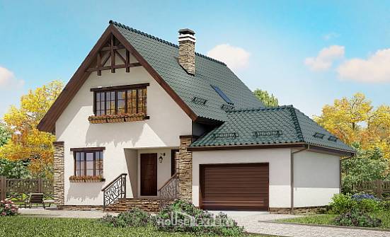 160-005-П Проект двухэтажного дома с мансардой и гаражом, небольшой коттедж из пеноблока Южно-Сахалинск | Проекты домов от House Expert