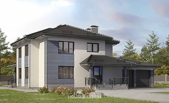 340-005-П Проект двухэтажного дома и гаражом, просторный коттедж из пеноблока Оха | Проекты домов от House Expert