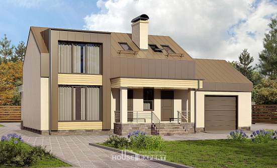 150-015-Л Проект двухэтажного дома с мансардой, гараж, современный дом из бризолита Южно-Сахалинск | Проекты домов от House Expert