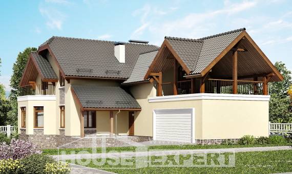 255-003-П Проект двухэтажного дома с мансардным этажом и гаражом, уютный домик из пеноблока, Поронайск