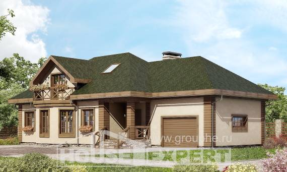 180-010-П Проект двухэтажного дома мансардой, гараж, уютный дом из арболита Холмск, House Expert