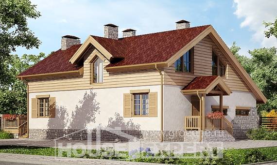 165-002-П Проект двухэтажного дома мансардой и гаражом, небольшой коттедж из поризованных блоков Оха, House Expert