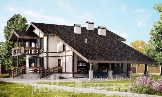 250-002-Л Проект двухэтажного дома с мансардой и гаражом, современный домик из кирпича Оха, House Expert